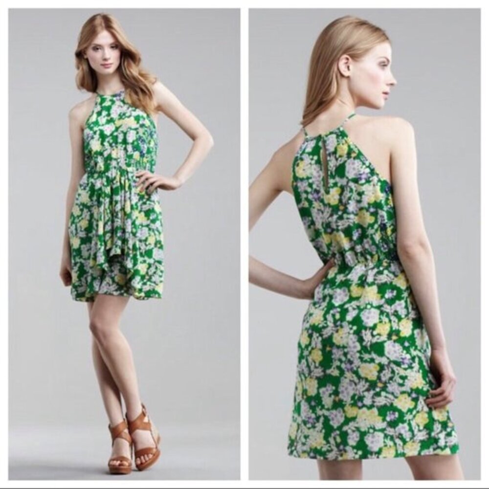 Rebecca Taylor 2 Silk Mini Dress XS Green Garden Floral Sleeveless Flutter